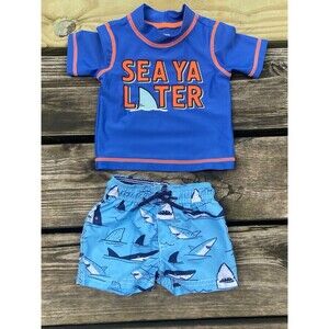 CARTERS JUST FOR YOU BABY BOYS RASH GUARD AND SWIM TRUNKS SHARKS SIZE 3 M